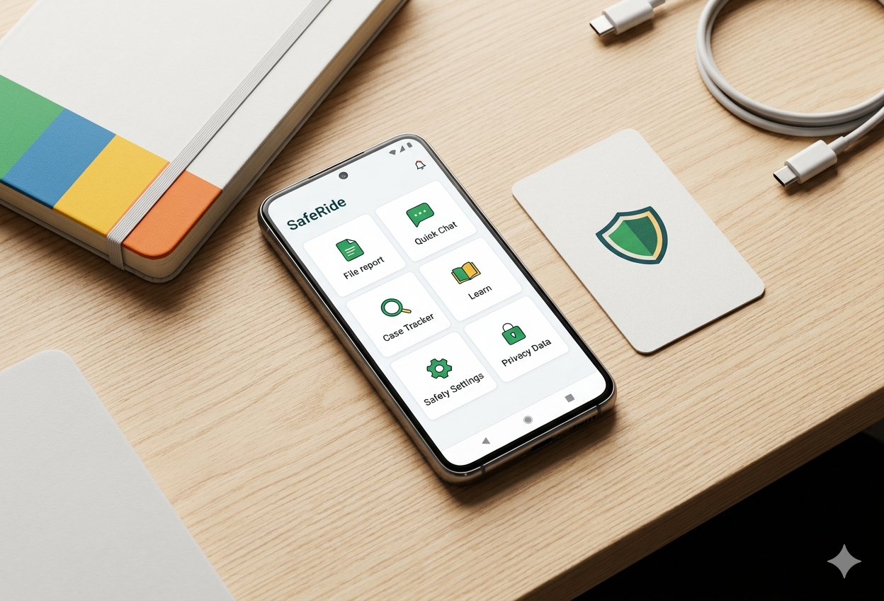 SafeRide Android app dashboard beside the SafeRide brand mark