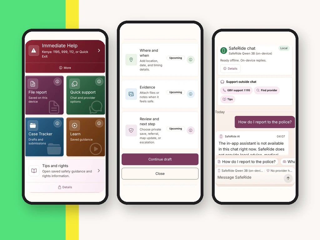 SafeRide Android home, report, and support screens from the current app