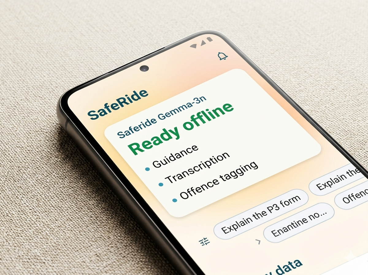 SafeRide Android dashboard with emergency, report, case tracker, chat, and learning actions
