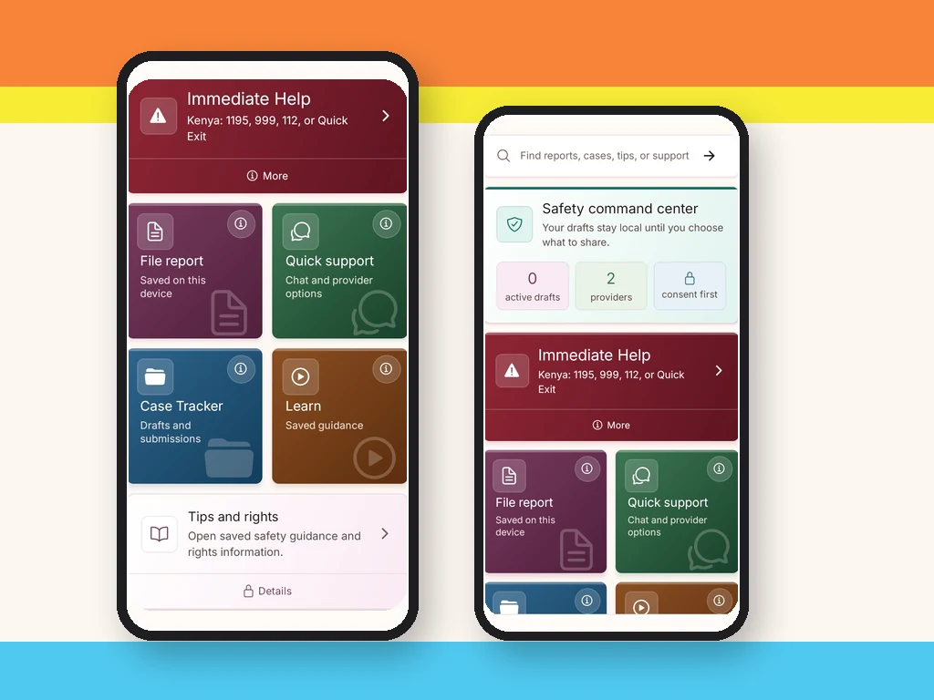 SafeRide Android home dashboard with emergency, report, case tracker, support, and learning actions