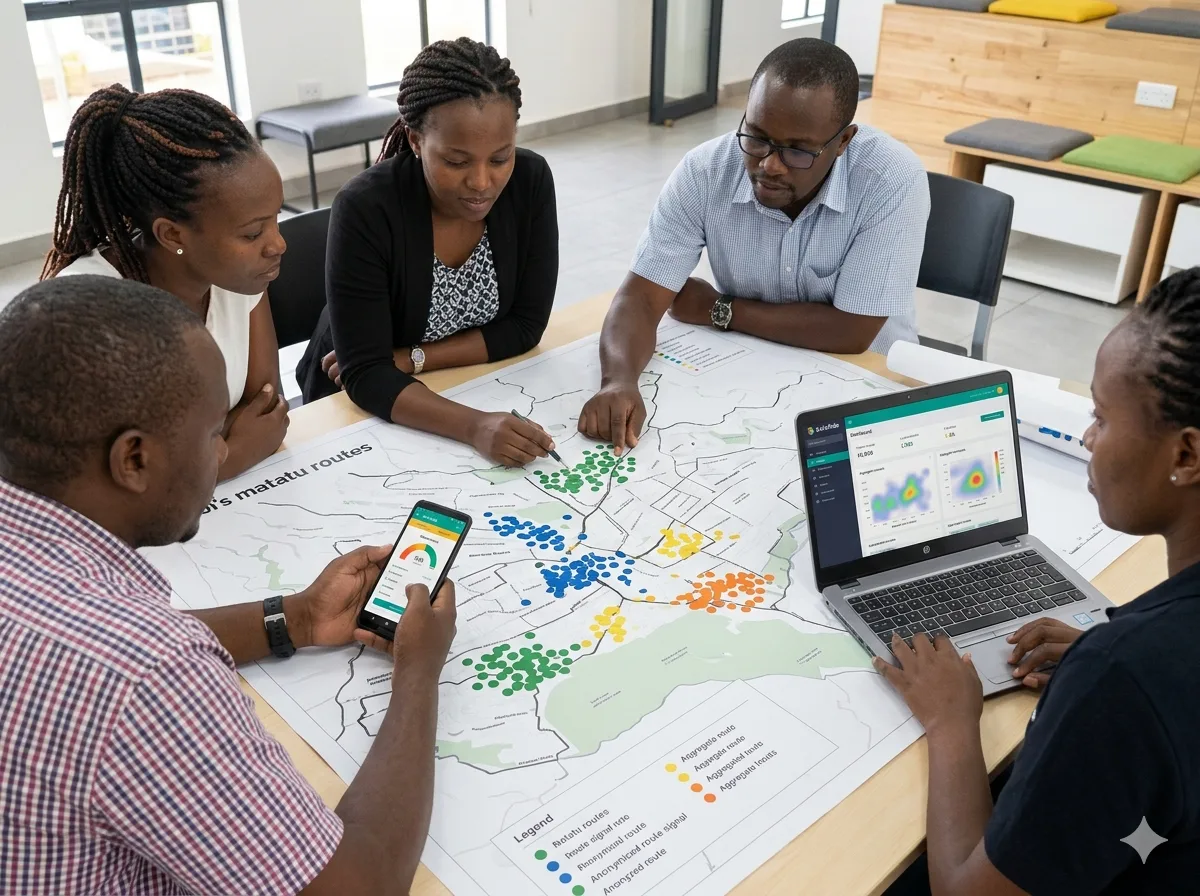 SafeRide team reviewing anonymized route signals on a Nairobi route map