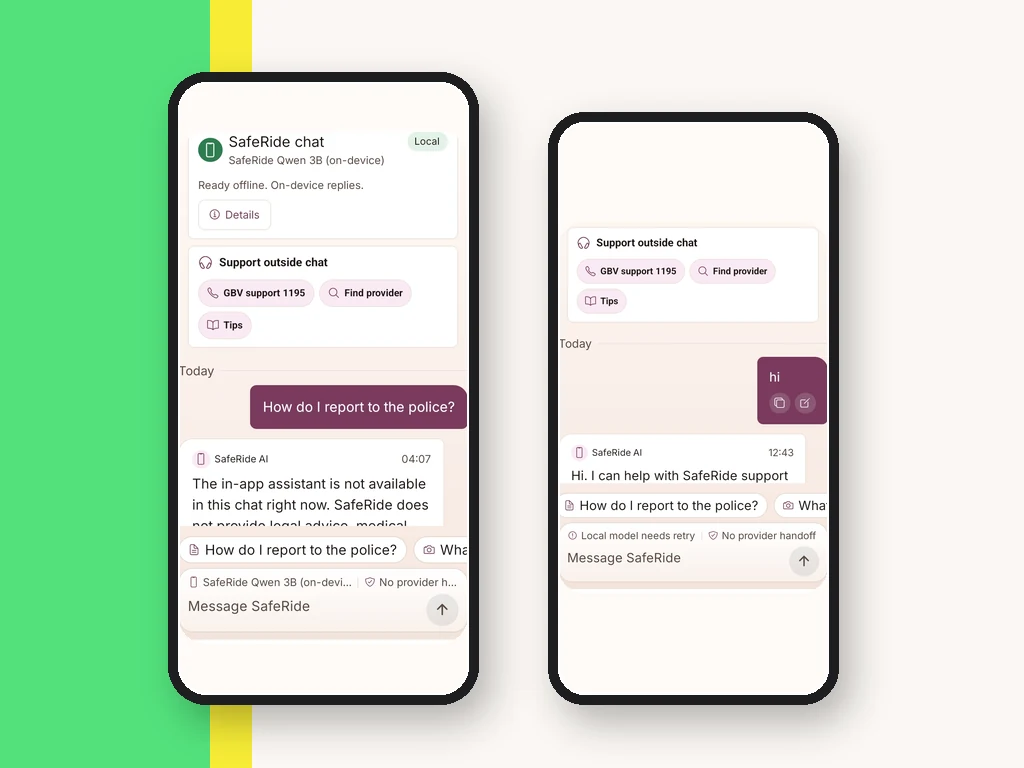 SafeRide Android support chat with 1195, provider search, and saved guidance options