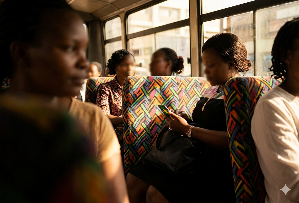 Women students riding inside a Nairobi matatu with faces anonymized
