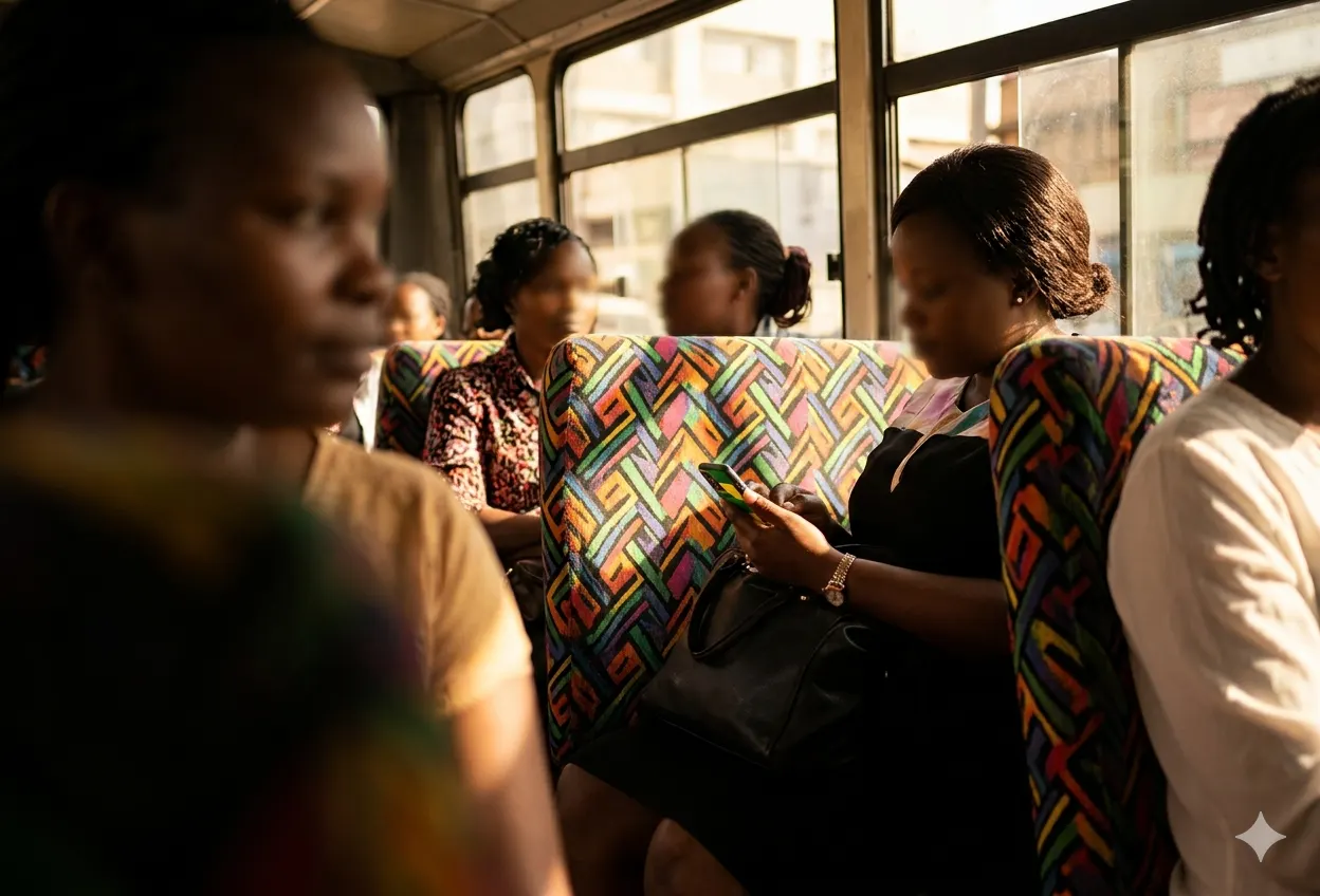 Women students riding inside a Nairobi matatu with faces anonymized