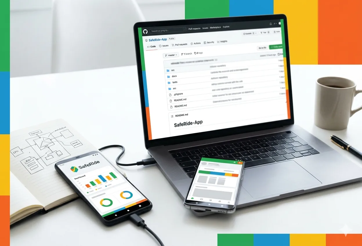 Open-source SafeRide review desk with repository, Android device, and architecture notes
