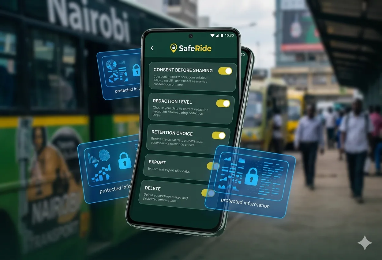 SafeRide privacy controls for consent, redaction, retention, export, and delete