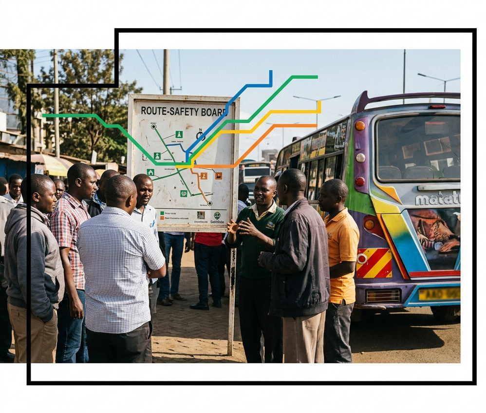 SafeRide-branded matatu at a Nairobi stage during a route safety pilot