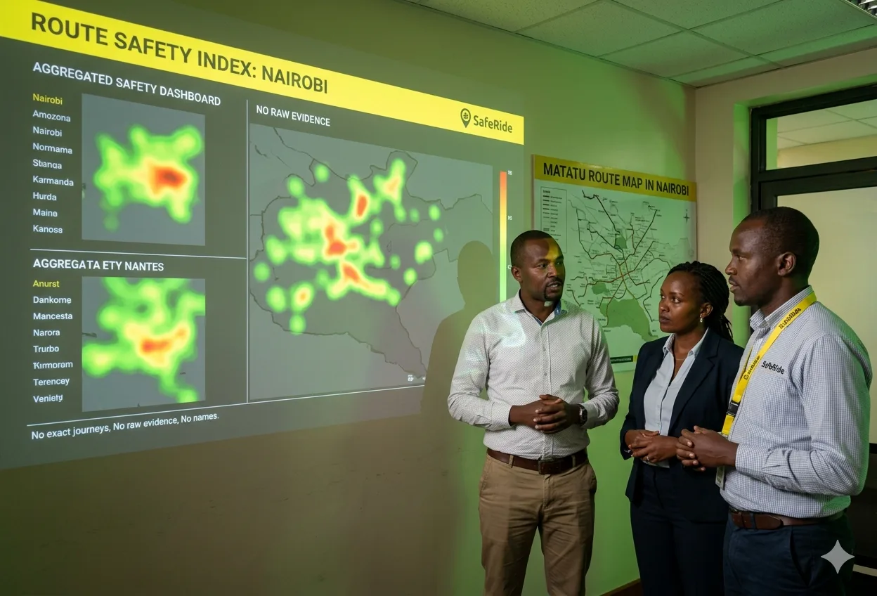 Anonymized route safety dashboard and Nairobi route map reviewed by transport stakeholders
