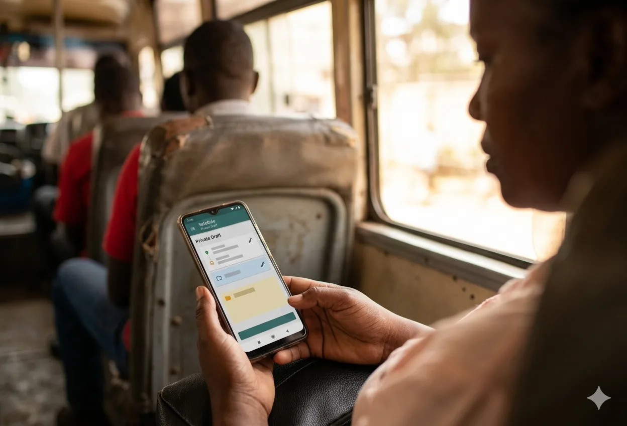 Privacy-respecting Nairobi commute scene with a SafeRide private draft on a phone